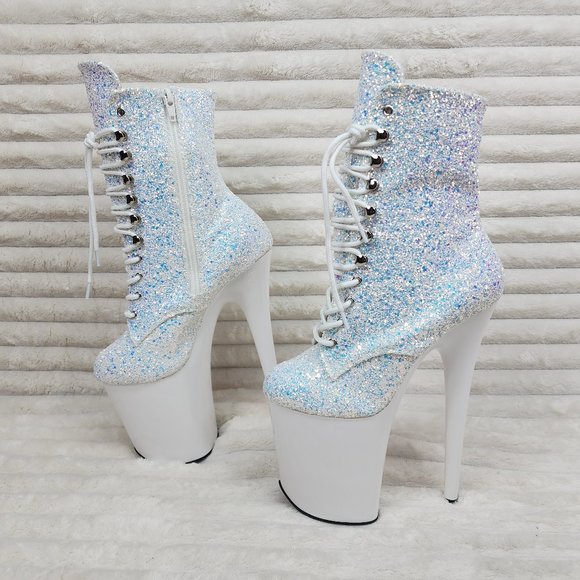 White Ice UV Glitter 8" Platform Heel Ankle Boots Flamingo - Picture 4 of 12